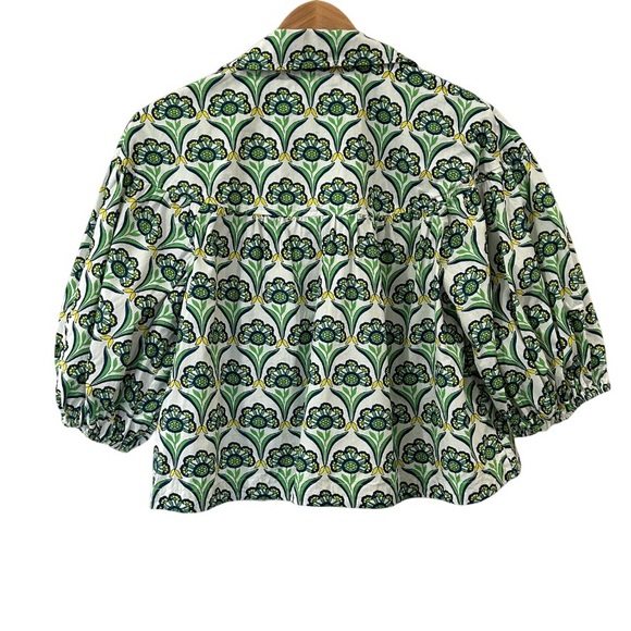 Anthropologie Maeve Zooey Bubble-Sleeve Blouse M green white button up cotton - Picture 2 of 11